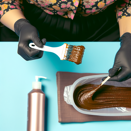 A person wearing black gloves holds a paintbrush over a container of brown liquid, preparing to apply it to hair.