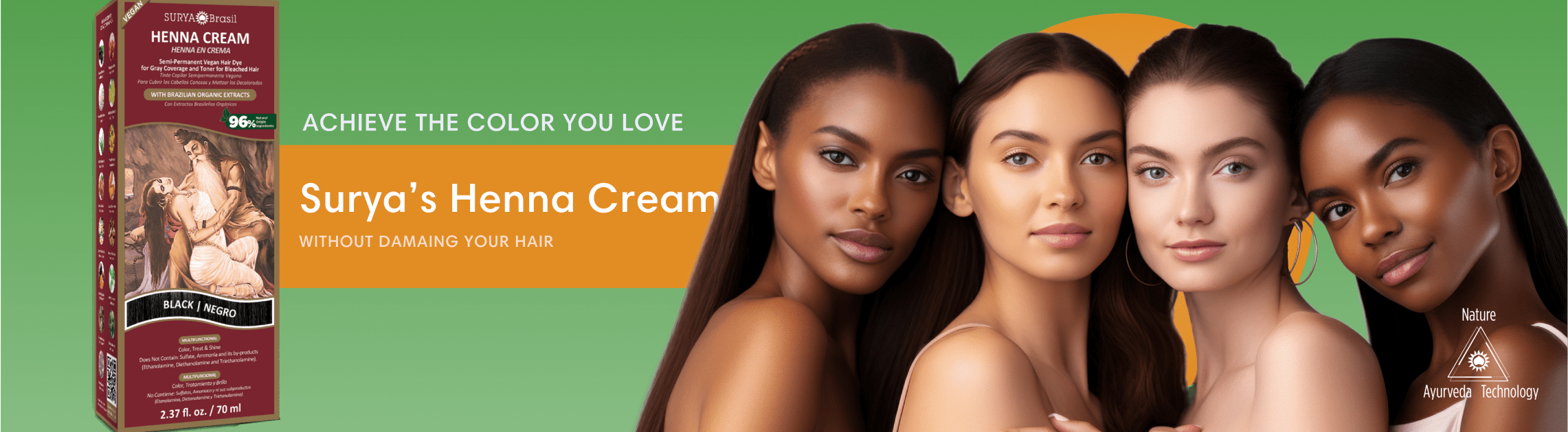 The image is a promotional banner for Surya's Henna Cream, displaying a product box in "Black / Negro" and featuring four diverse women to highlight the product's appeal across different skin tones. The banner emphasizes the product's ability to achieve desired hair color without damage, underlined by its natural, Ayurvedic, and technological attributes.