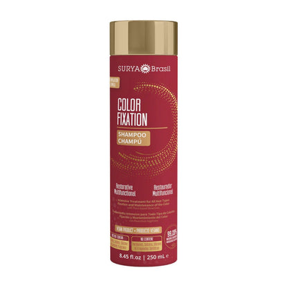 Color Fixation Restorative Shampoo in a red bottle, featuring a plant-based formula for gentle cleansing and color protection of treated hair.