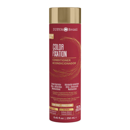 Color Fixation Restorative Conditioner in a red bottle with a gold label, designed for moisturizing and protecting color-treated hair.