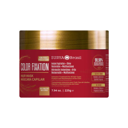 Surya Brasil Color Fixation Hair Mask in a red and gold container with a detailed label, offering deep nourishment and color protection for vibrant hair.