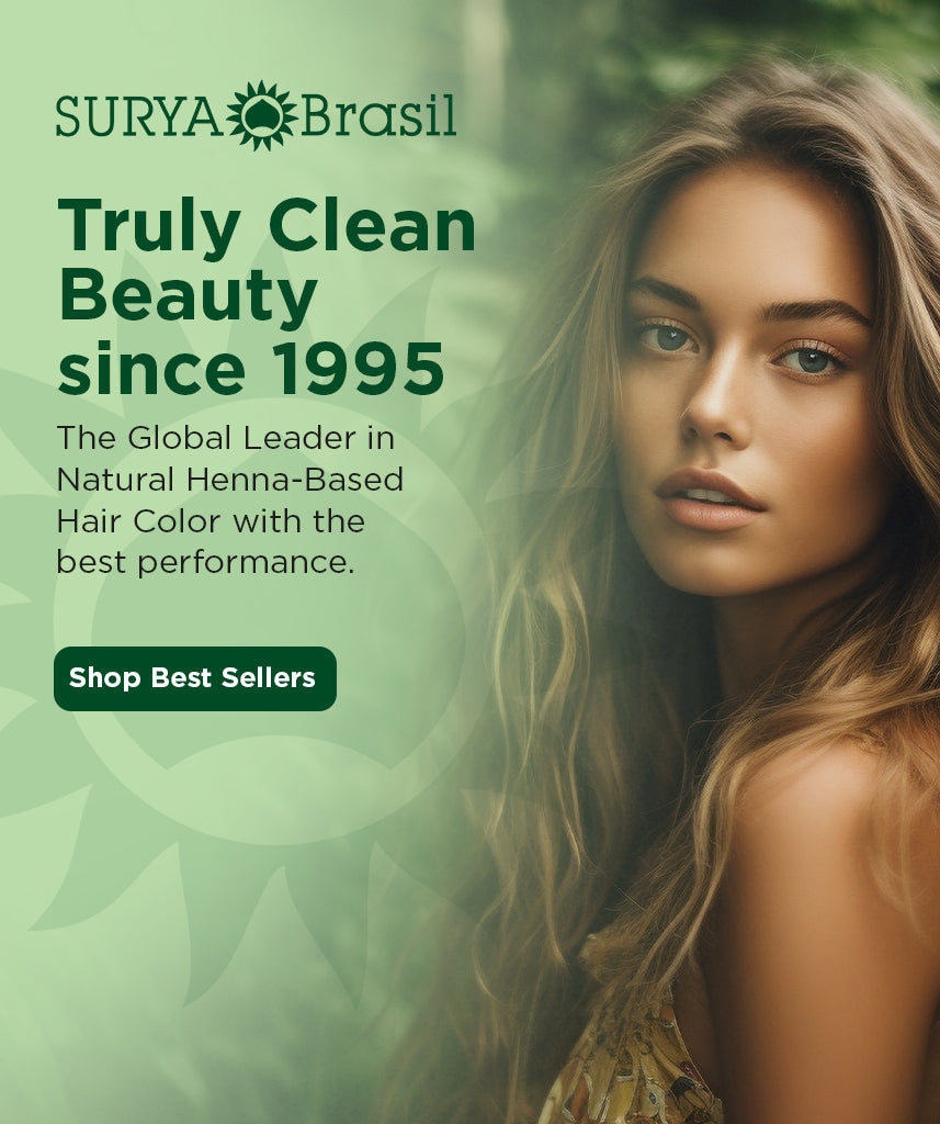 Surya Brasil advertisement banner with the text: "Truly Clean Beauty since 1995. The Global Leader in Natural Henna-Based Hair Color with the best performance." On the right, there is an image of a woman with long, wavy hair, showcasing the natural beauty achieved with the products. In the center, there is a green button with the inscription "Shop Best Sellers." The background is light green with foliage details, emphasizing the message of naturalness and sustainability.